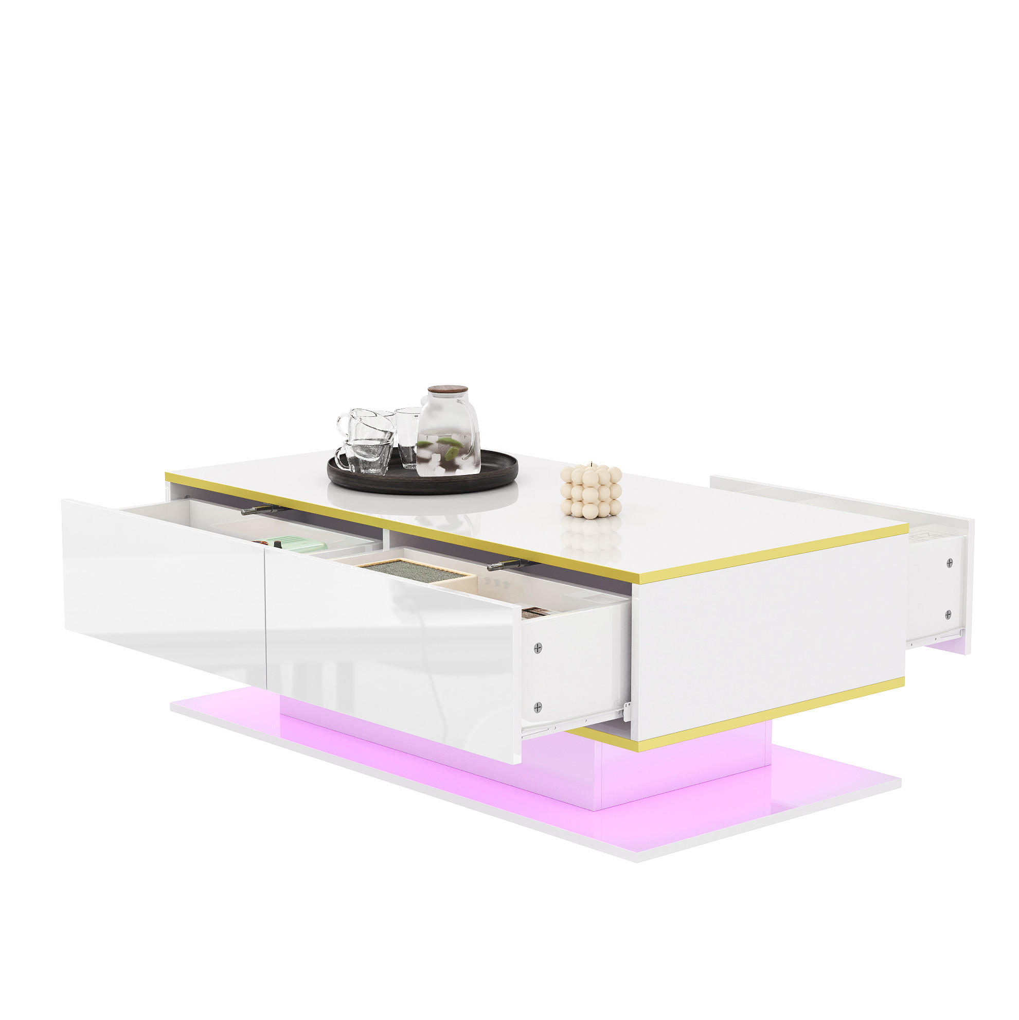 COUCHTISCH 100/50/40 cm mit LED-Beleuchtung, 3 Schubladen und offenem Fach, Hochglanz mit Golddekor, Weiß/Gold - Weiß, Holzwerkstoff (100/50/40cm) - Redom