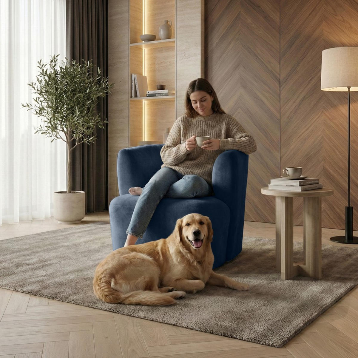 SESSEL Nori dunkelblau velour - Schwarz/Dunkelblau, Kunststoff/Textil (75/68/72cm) - Beautysofa