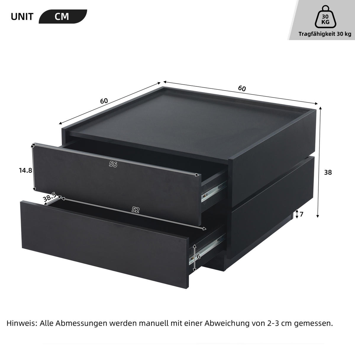 KLUB stolić od iverice, 60/60/38 cm crni, okretan 360° s 2 ladice - crna, drvni materijal (60/60/38cm) - BEAOK