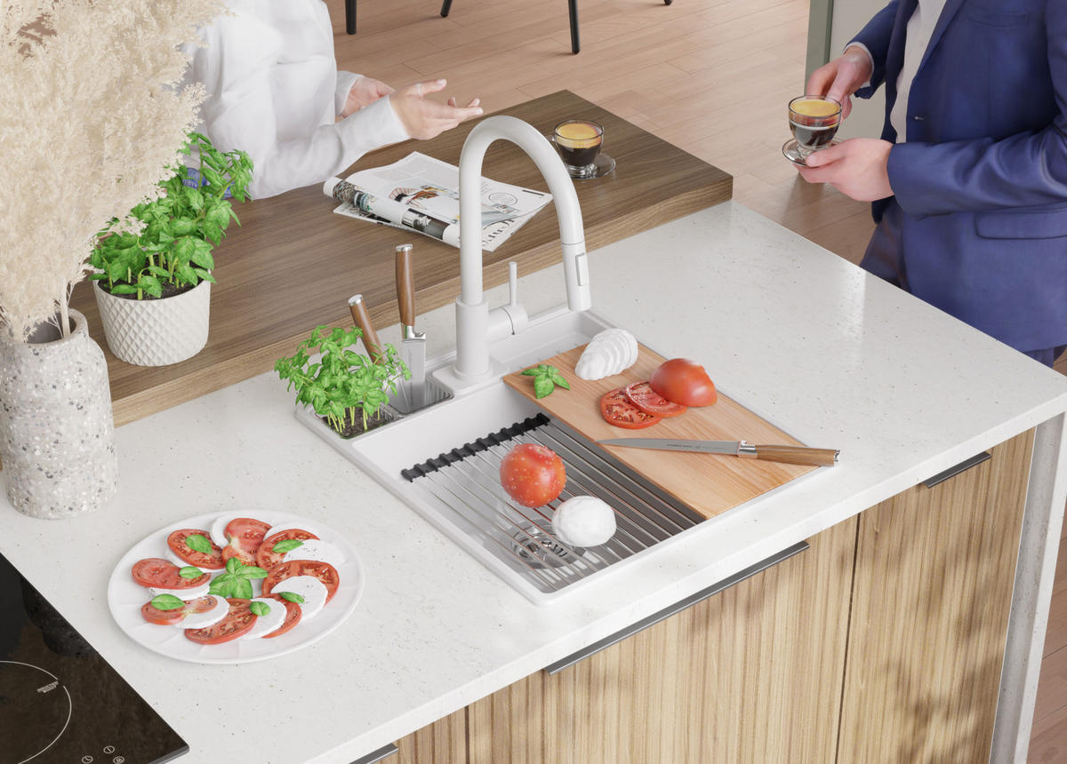GRANITSPÜLE New York, 2-er set Weiß 48/53 cm 1 Becken + Küchenarmatur 38/14 cm + Ablauf-Set + Küchenzubehörset ab 50er Unterschrank - Chromfarben/Beige, Kunststoff (48/20/53cm) - Primagran