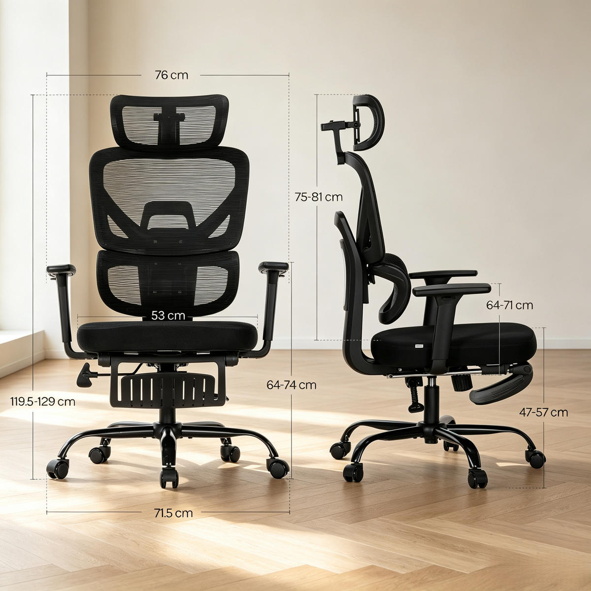 DREHSTUHL mit Fußstütze ergonomisch bis 150 kg belastbar - Schwarz, Leder (53/120/76cm) - Gisaae
