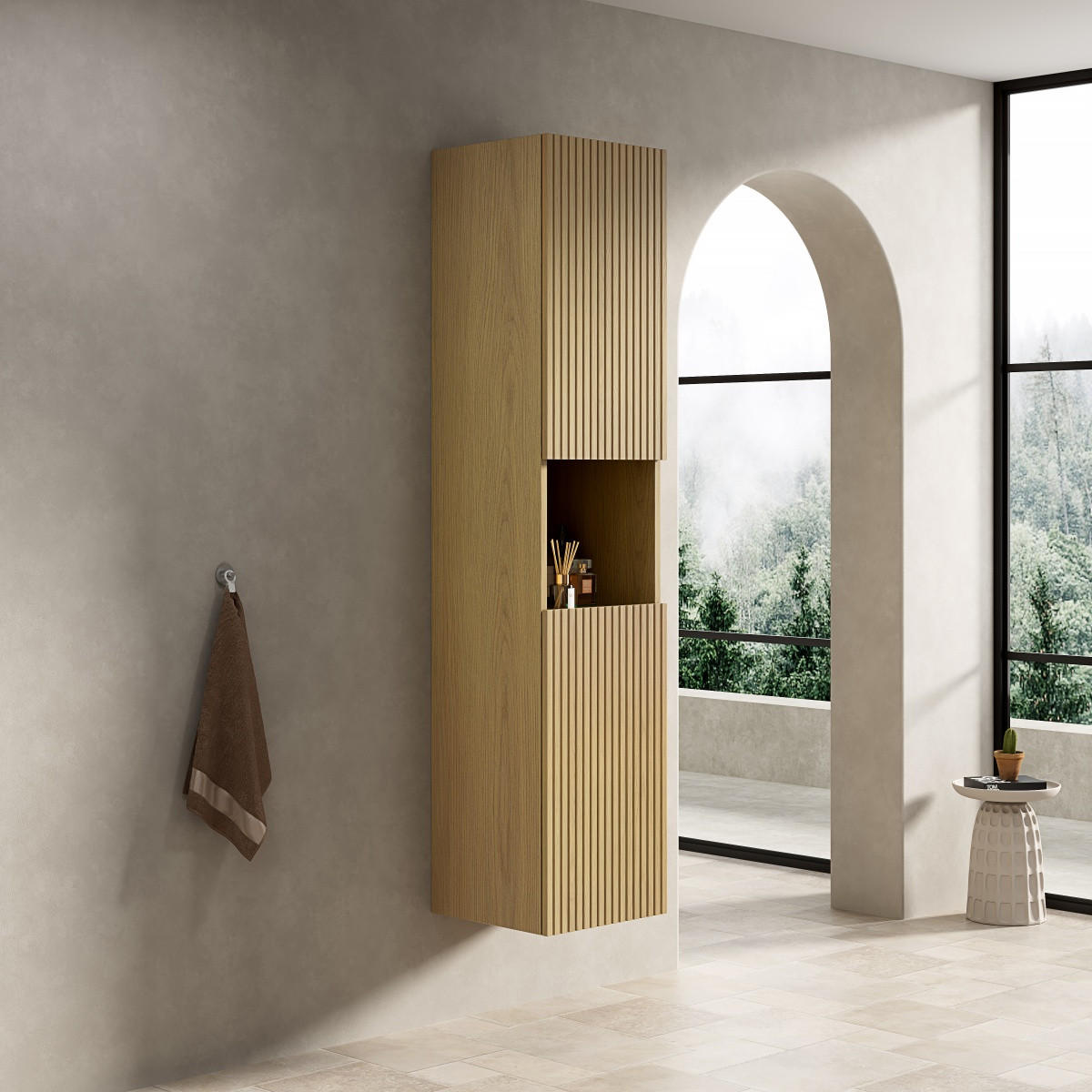 BAD-HOCHSCHRANK 160 cm,Schmal 2 Türen Offenes Fach Aufbewahrungsschrank Weiße Eiche Gold - Goldfarben, Holz (140/30/24cm) - PARAFTA HOME