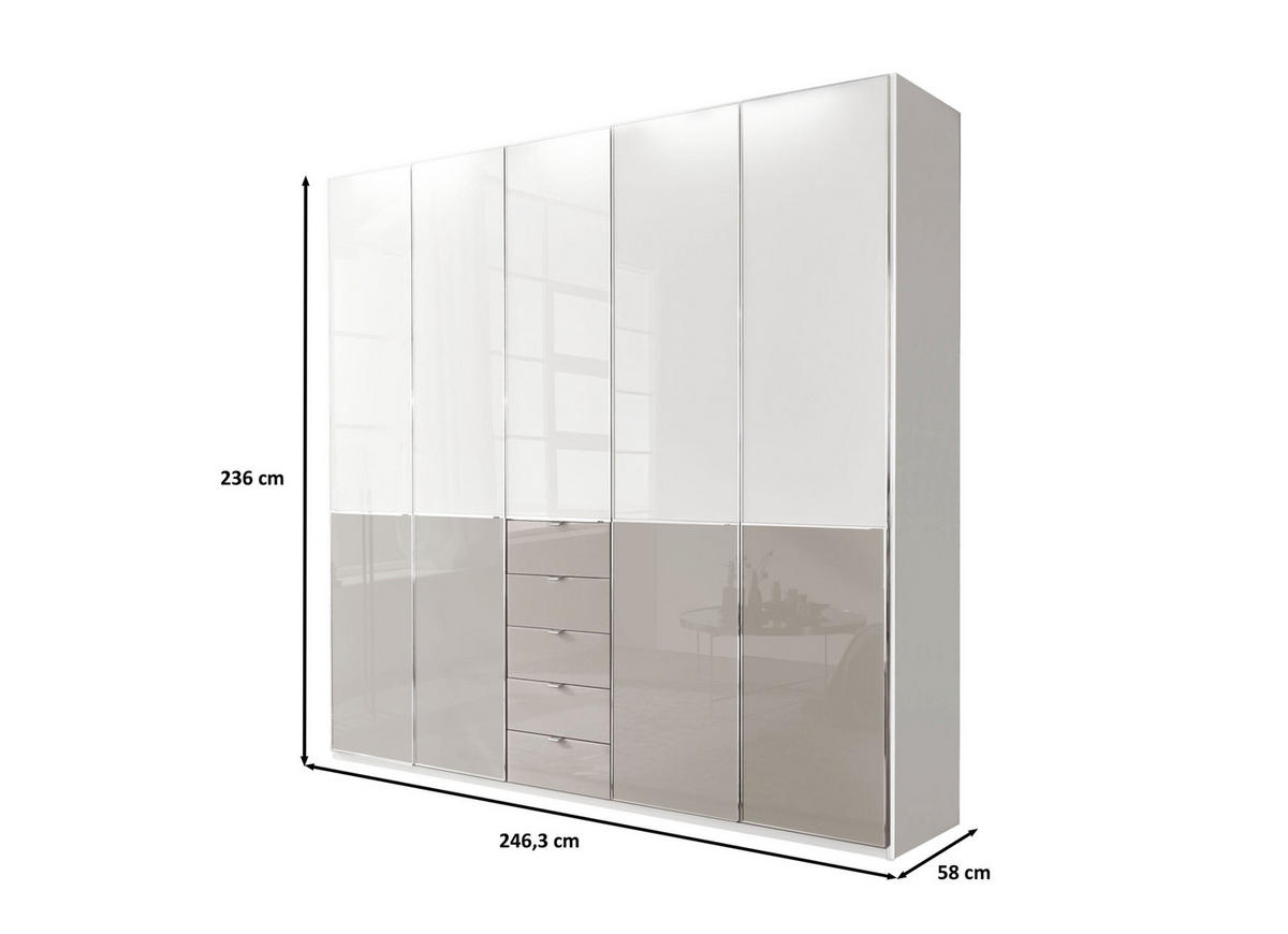 SCHLAFZIMMER Sentara in Weiß und Kieselgrau 4-teilig mit Kleiderschrank 250cm Breite inklusive Beleuchtung, Doppelbett 180x200cm, zwei Nachttische - Weiß, Holzwerkstoff (80/200/120cm)