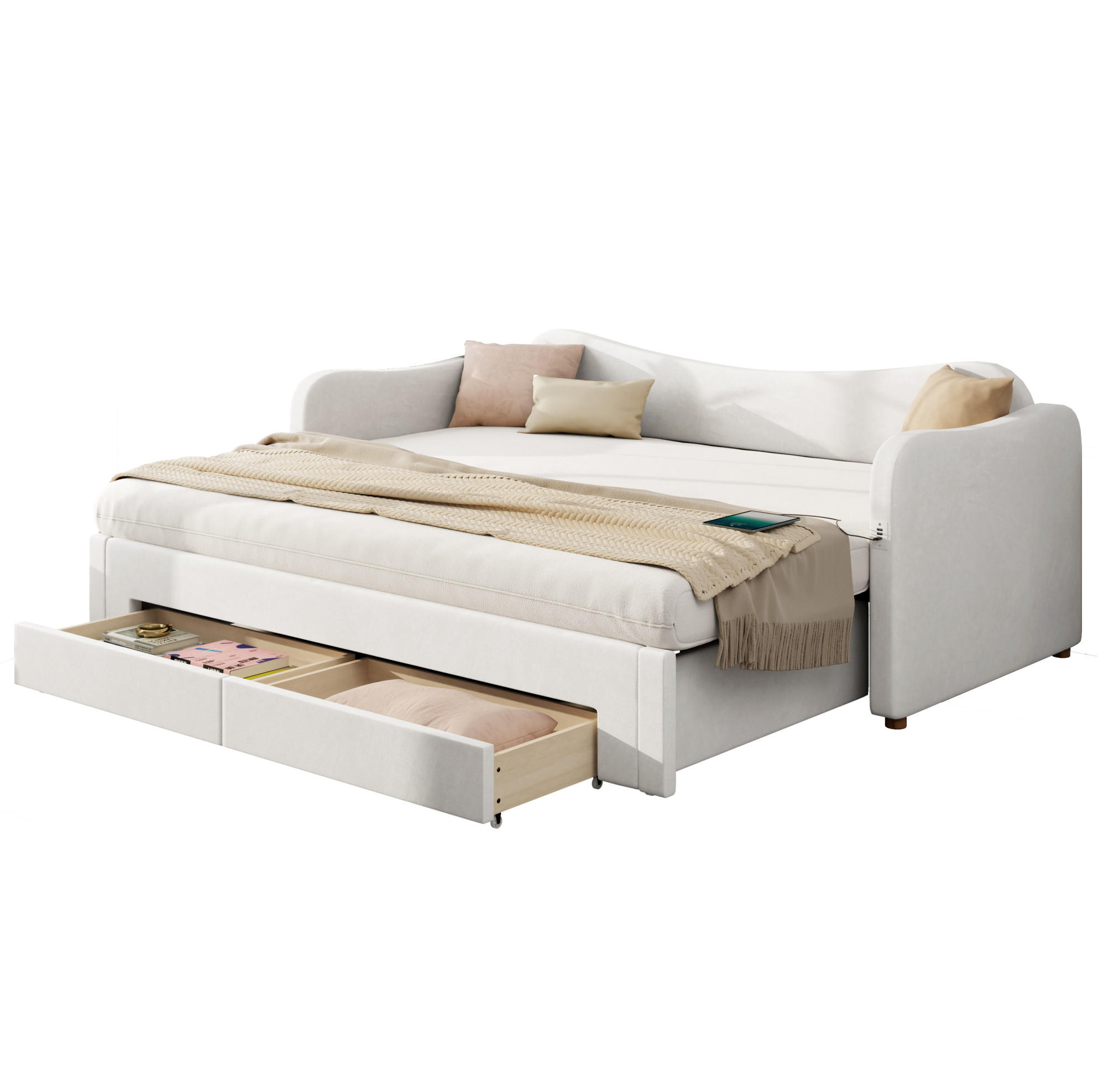 ČALOUNĚNÁ postel 90/200 cm, rozkládací na 180/200 cm, 2 zásuvky, USB a USB-C, samet, Béžová - béžová, textil (90/200cm) - Redom