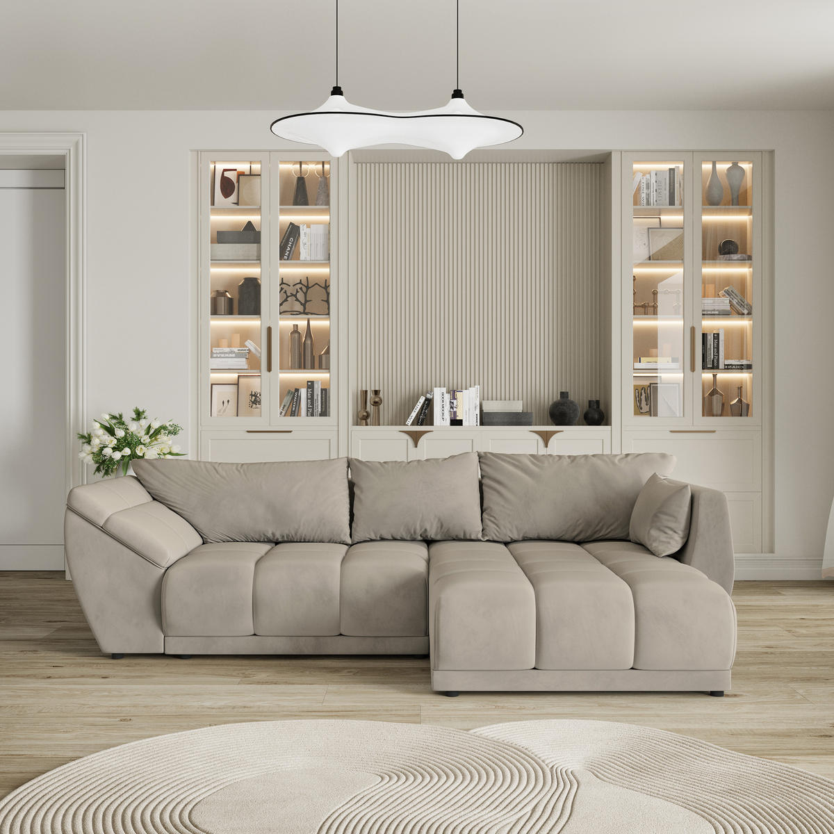 ECKSOFA ORENTI R-S Beige Velours-Stoff mit Schlaffunktion - Beige, Holz (287/182cm) - MASSENO