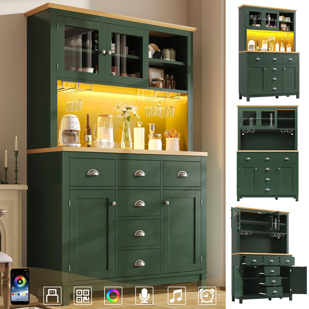 HIGHBOARD in Grün Küchenschrank mit LED-Lichtleiste und Schubladen für Küche und Wohnzimmer, B104/T40/H180 cm - Grün, Glas/Holzwerkstoff (104/180/40cm) - STILVORA
