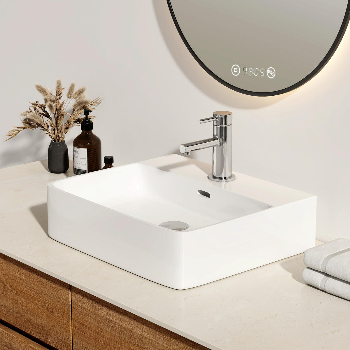 WASCHBECKEN mit 1 Hahnloch, Überlauf und Hahnlochbank, Weiß 50/42,5/13 cm - Weiß Hochglanz, Keramik (42.5/13/50cm) - EMKE