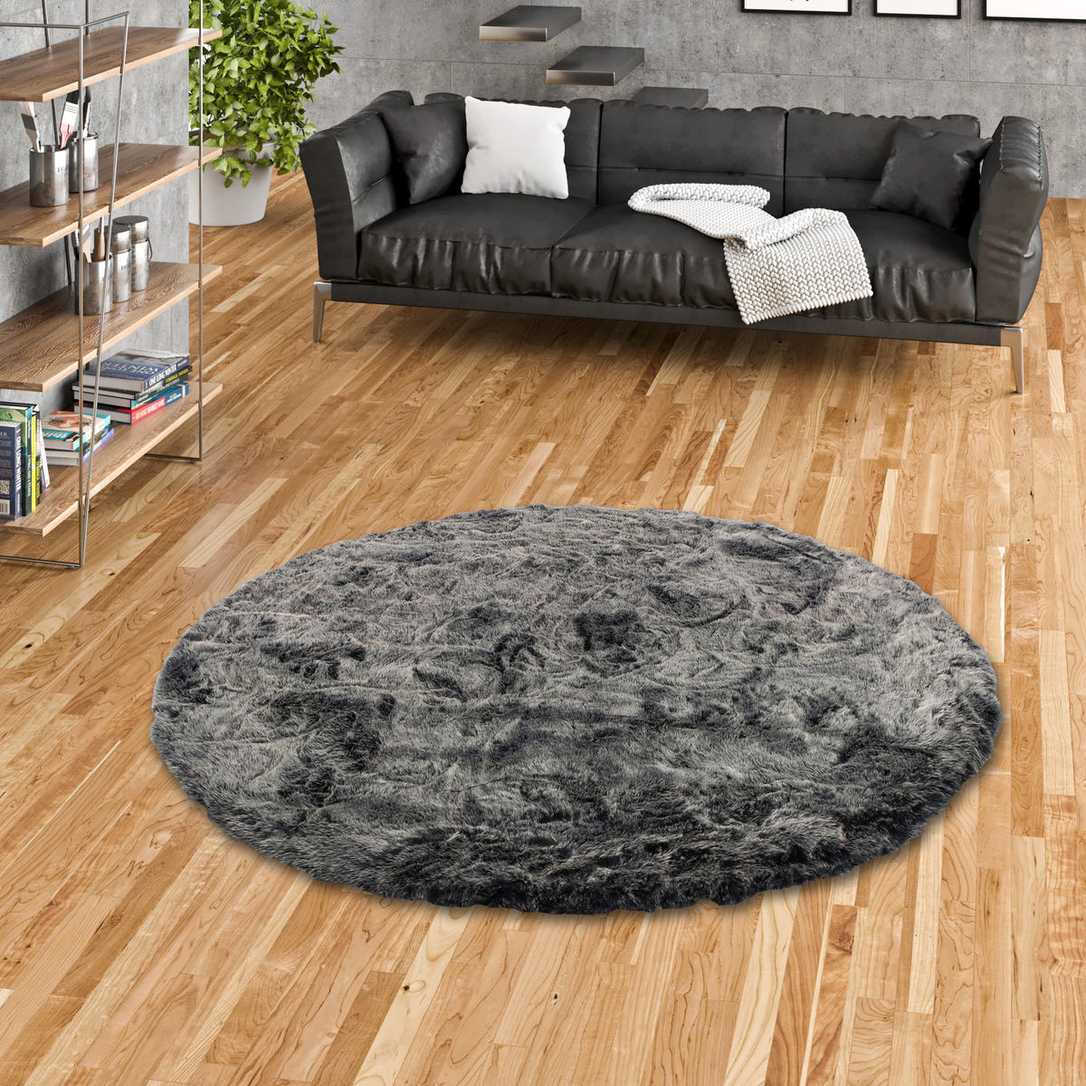 LUXUS SUPER SOFT FELLTEPPICH ASPEN RUND MELIERT - Anthrazit, Textil (80/80cm) - Pergamon