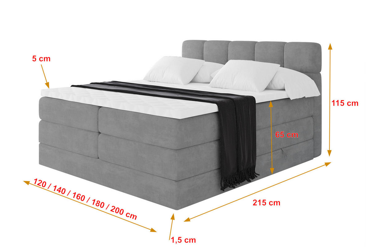 BOXBETT mit Matratze H3/H4 - FAMA KING - 180x200 cm Grau Monolith - Graphitfarben, Holzwerkstoff (180/200cm) - ALTDECOR