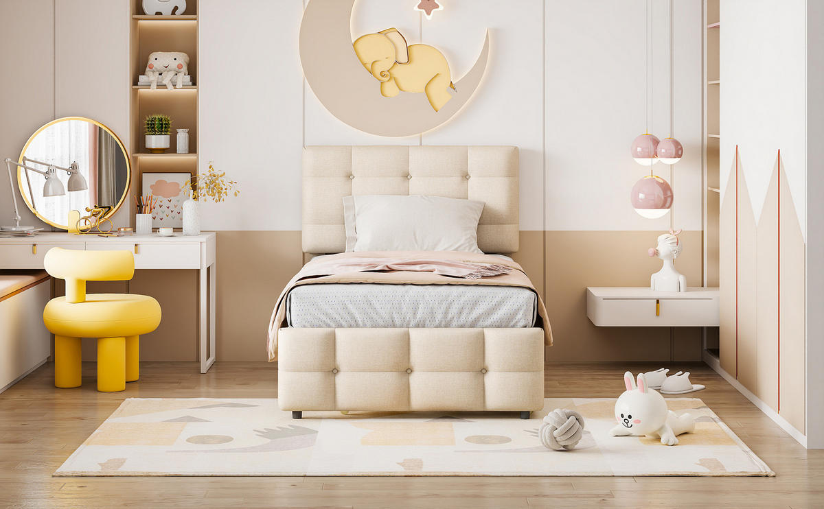 POLSTERBETT 90/200 cm Beige aus Leinenstoff mit Ausziehbett - Beige, Textil (90/200cm) - OKMYHOME