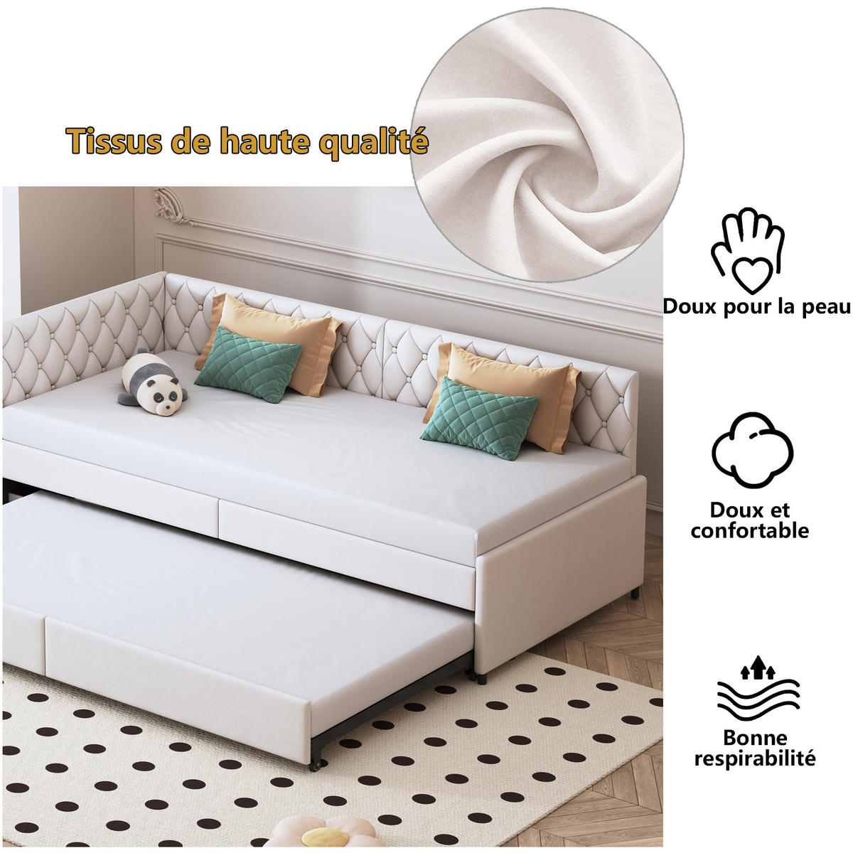 POLSTERBETT Ausziehbares Schlafsofa 2*90 x 200 cm, Beige, Samt - Beige, Textil/Metall (90/200cm)