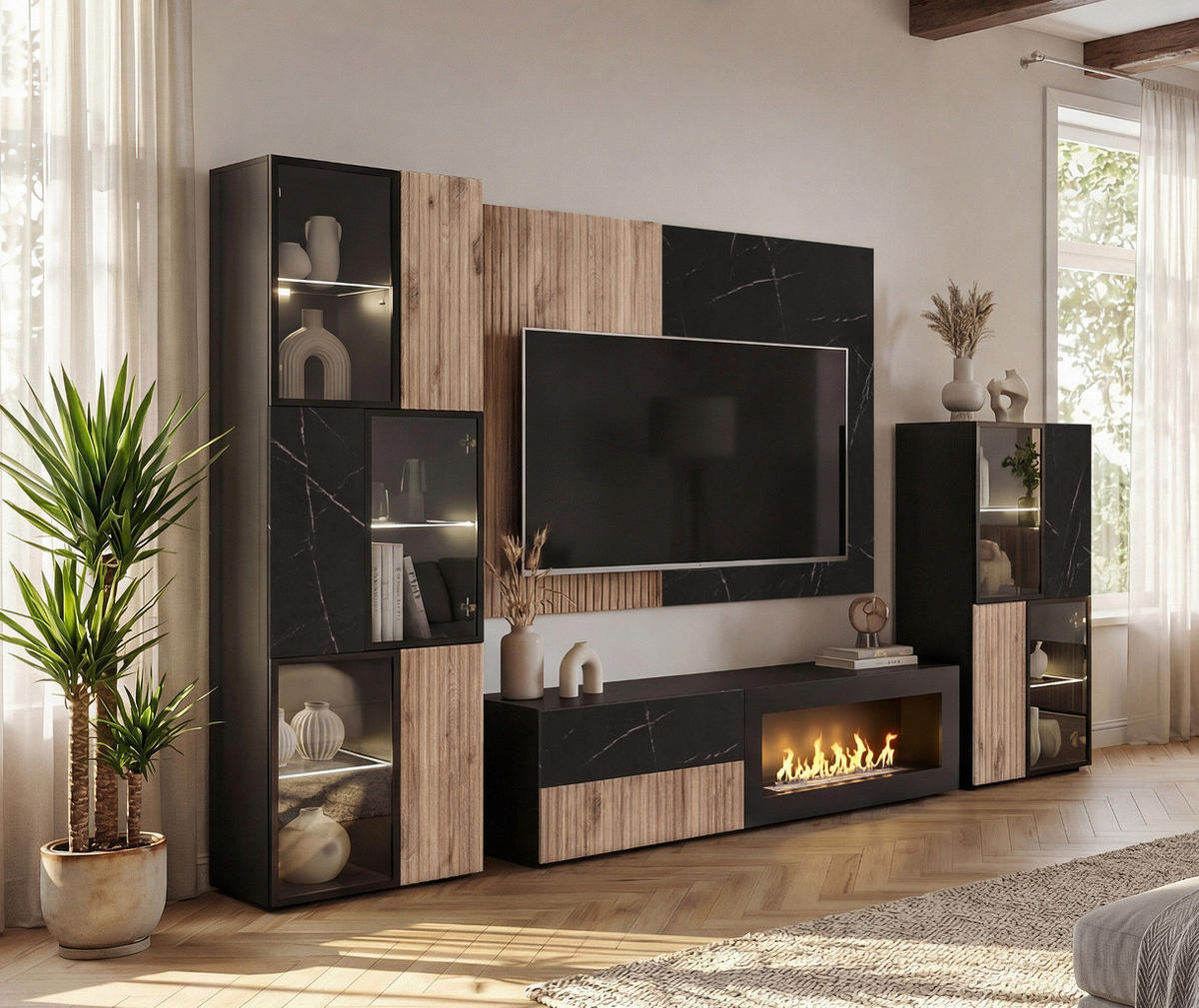 WOHNWAND Eiche, Marmor schwarz 300 cm, Schrankwand inklusive Ethanol Kamin - Eichefarben/Schwarz, Glas/Holzwerkstoff (300/182/45cm) - Inn.Furn