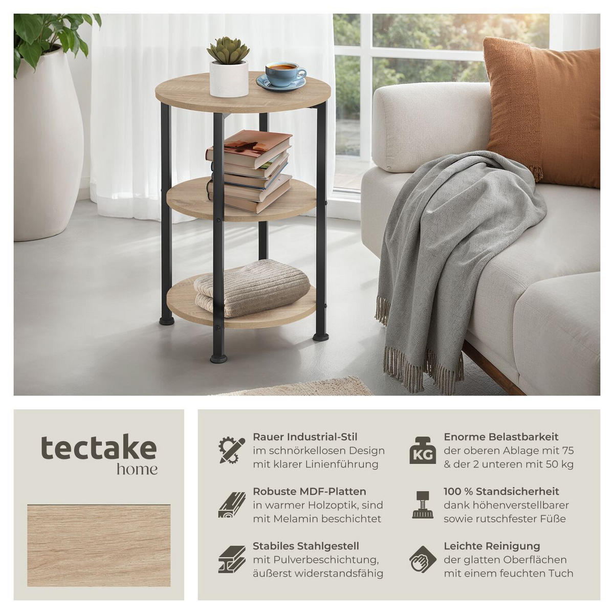 BEISTELLTISCH Colchester,40 x 61 cm,Industrial Holz hell, Eiche Sonoma - Naturfarben, Holz (40/40/61cm) - tectake