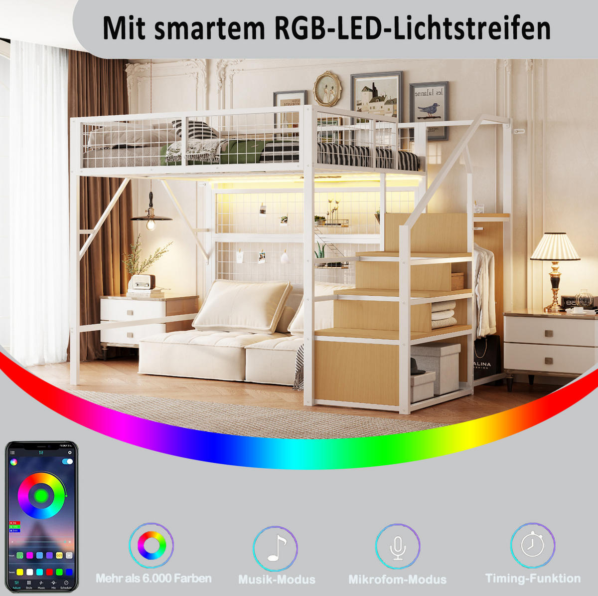 HOCHBETT 140/200 cm Weiß aus MDF und Metall mit Stauraum und LED-Beleuchtung - Weiß, Metall (140/200cm) - OKMYHOME