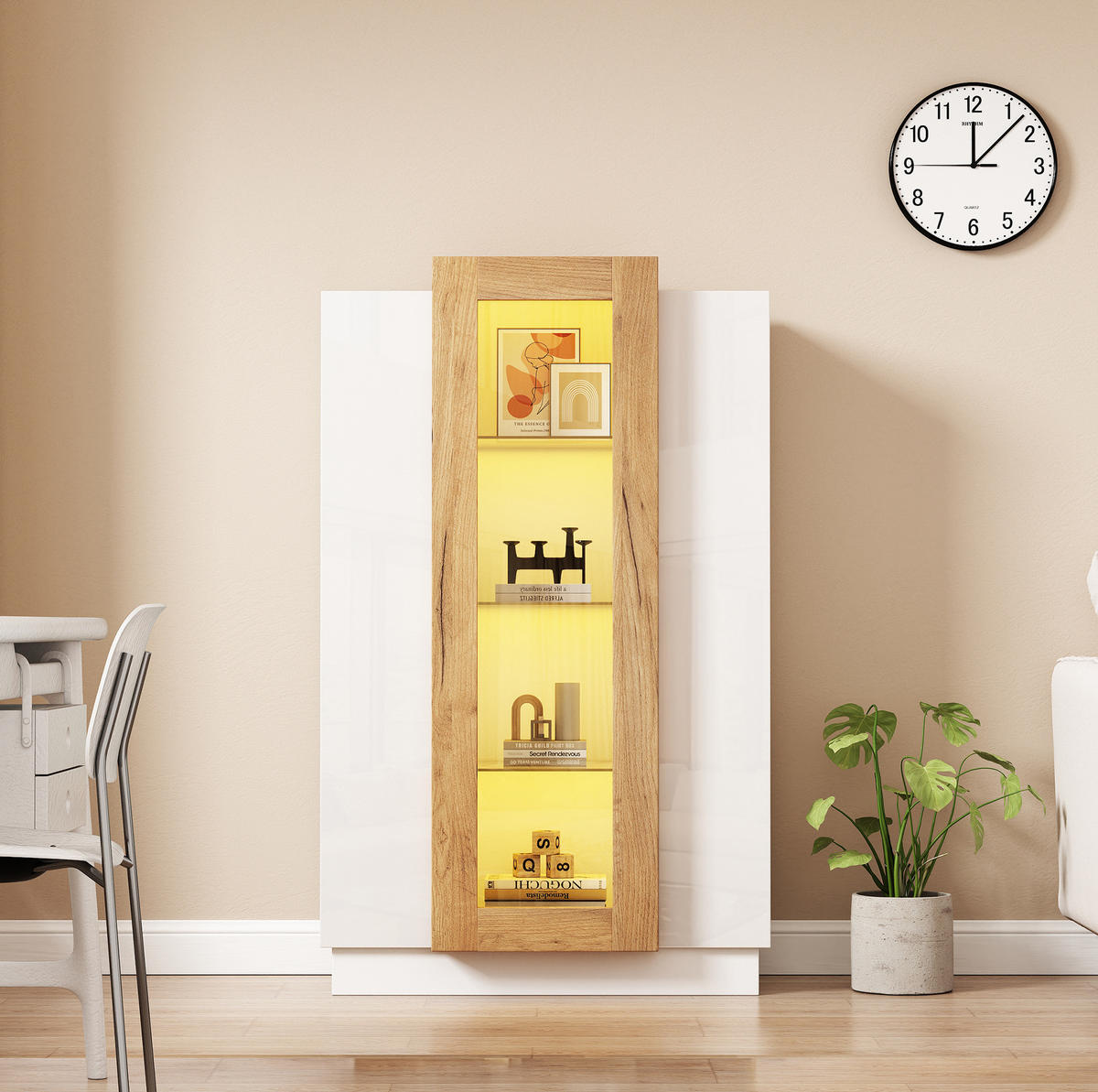 VITRINA 74/40/120 cm, bela/naravna, z LED in prosojnimi vratci - bela, leseni material (74/120/40cm) - BEAOK