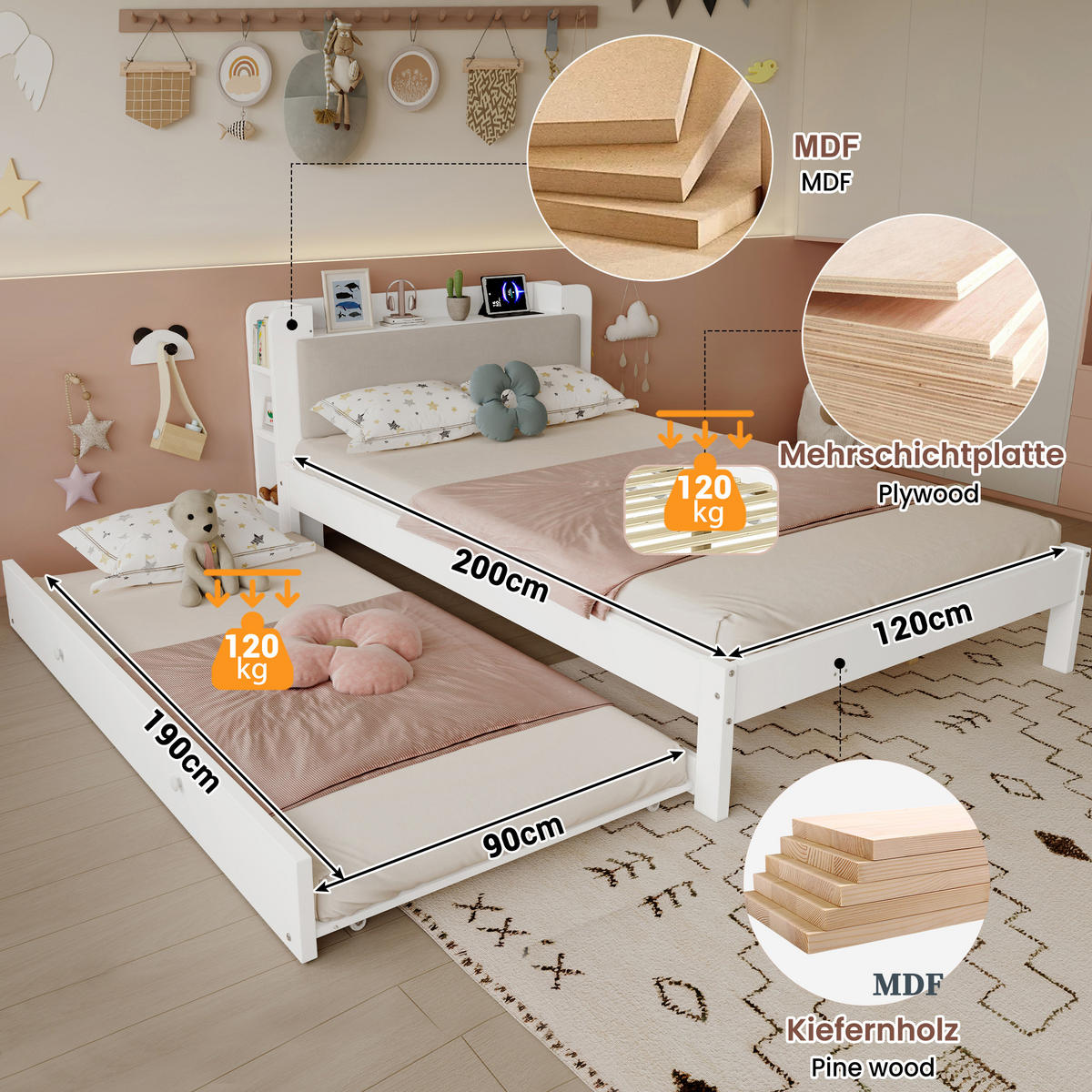 BETT 120/200 cm in Weiß mit Ausziehbett, gepolstertem Kopfteil, Kopfteilregal und Ladestation - Beige/Weiß, Holzwerkstoff (120/200cm) - STILVORA