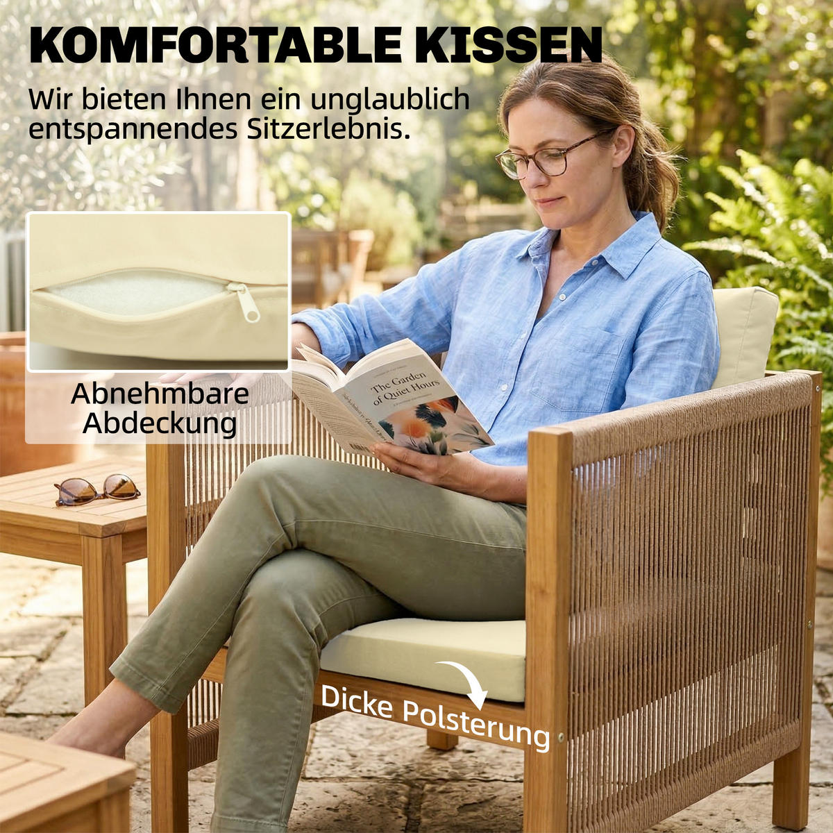 BALKONMÖBEL-SET 4er Set Akazienholz Polyester Beige - Beige/Akaziefarben, Holz/Textil - Outsunny