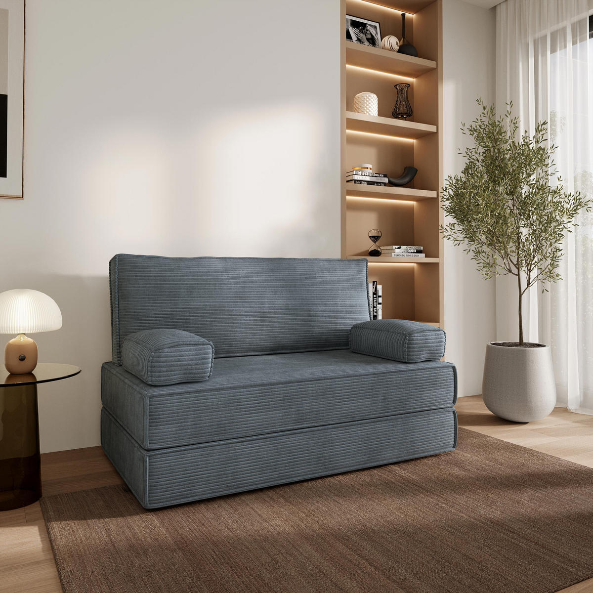 BETTSOFA LADIA aus Schaumstoff Cordstoff Grau Schlaffunktion - Grau, Textil (140/86/60cm) - MASSENO