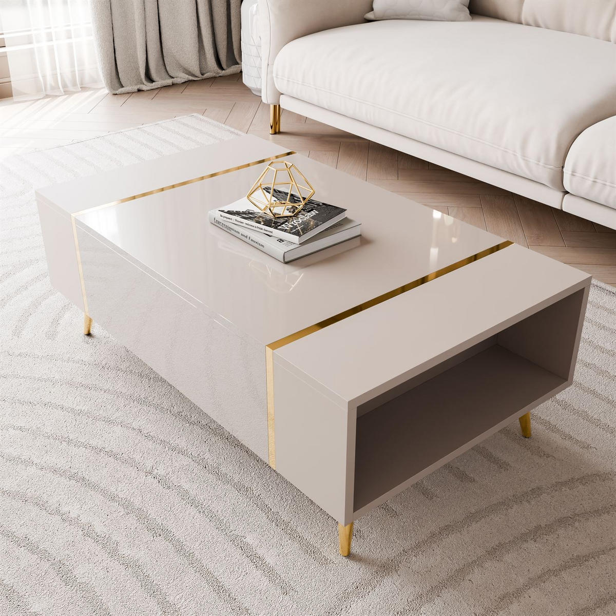 COUCHTISCH ONYX Kaschmir auf goldenen Beinen Hochglanz - Kaschmir, Holzwerkstoff (65/104/41.5cm) - Lookway