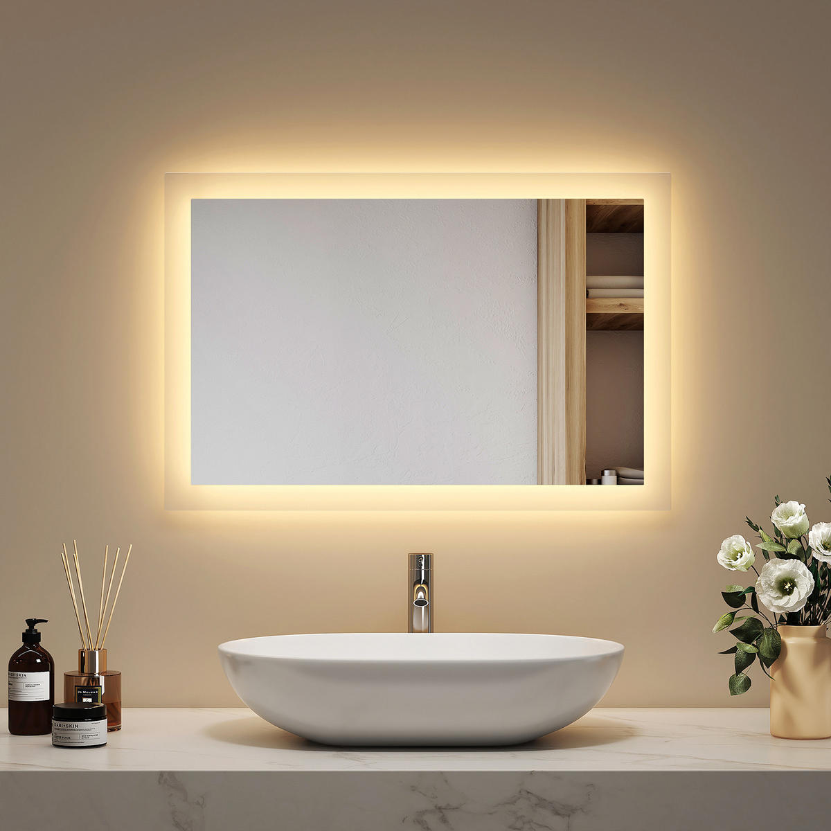 BADSPIEGEL mit Umweltfreundlicher Silberspiegel Beleuchtung 60/40/3,5 cm - Weiß, Glas (40/3.5/60cm) - EMKE