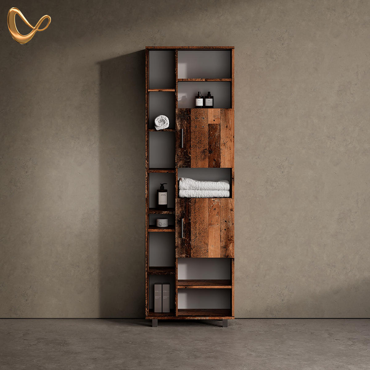 BADSCHRANK Eisak Eiche rustikal 60 x 190 cm mit Türen, und offenen Fächern - Wildeiche, Holzwerkstoff (60/190/30cm) - Livinity®