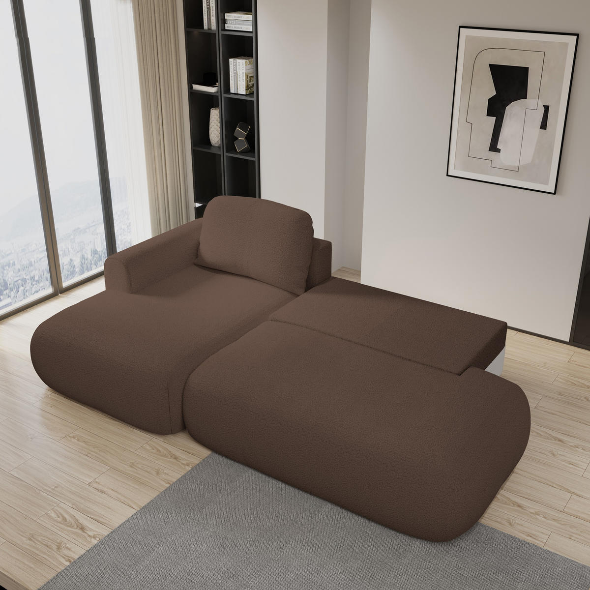 ECKSOFA NUVIRA L-S Braun Boucle-Stoff mit Schlaffunktion - Braun, Holz (274/165cm) - MASSENO