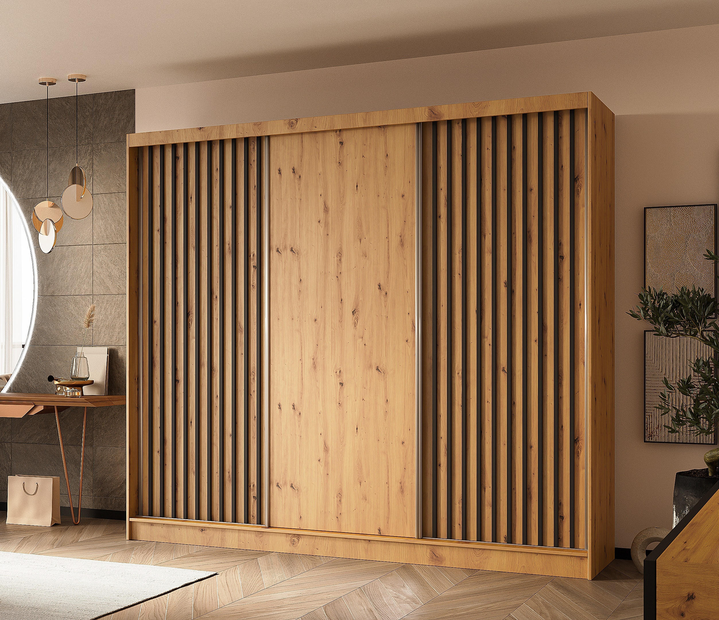SCHWEBETÜRENSCHRANK Cabinio Eiche Artisan Schwarz 240/216/61 cm – Modern, mit Lamellen - Walnussfarben/Schwarz, Holzwerkstoff/Kunststoff (240/216.1/61cm) - AX Living