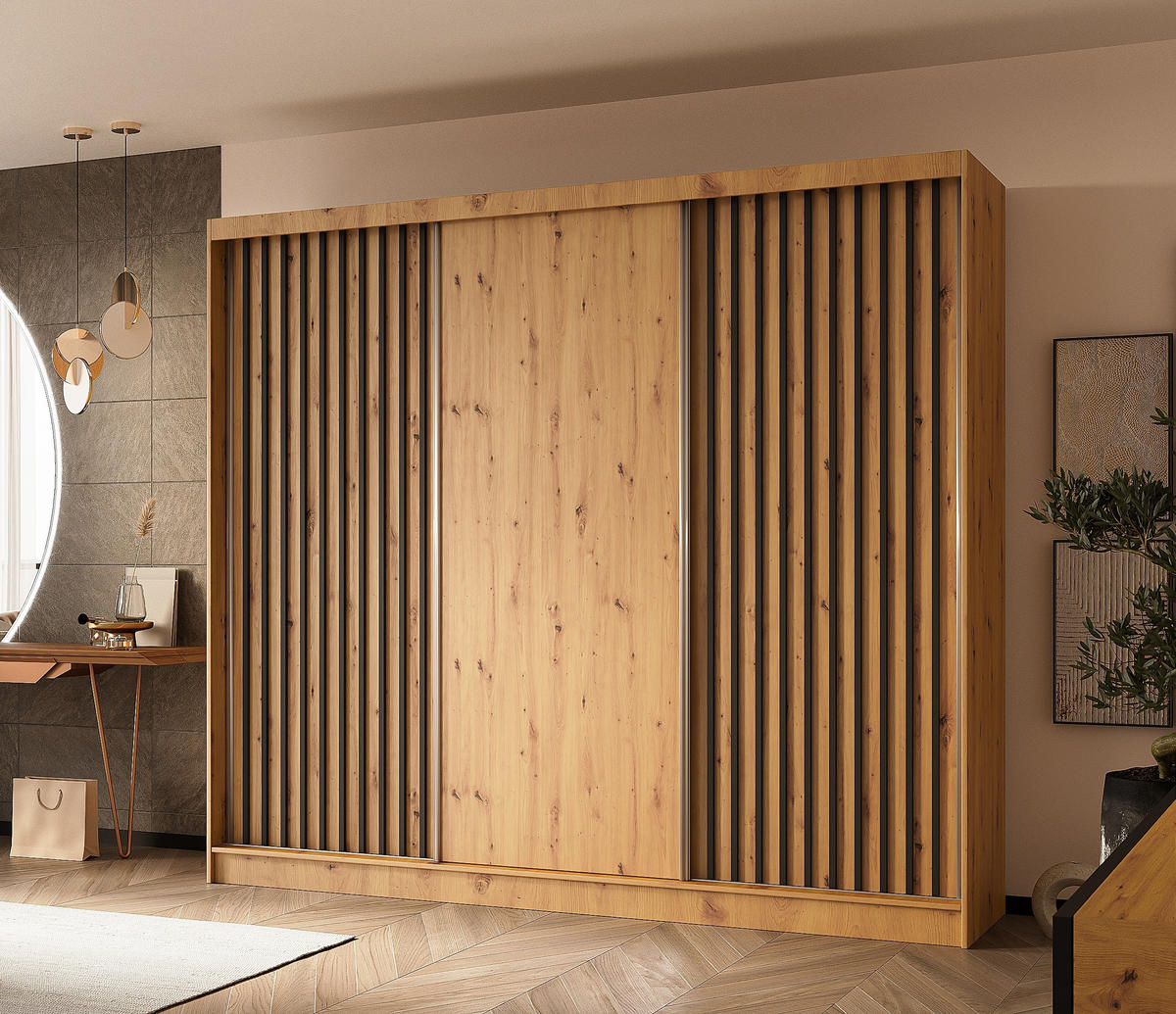SCHWEBETÜRENSCHRANK Cabinio Eiche Artisan Schwarz 240/216/61 cm – Modern, mit Lamellen - Walnussfarben/Schwarz, Holzwerkstoff/Kunststoff (240/216.1/61cm) - AX Living