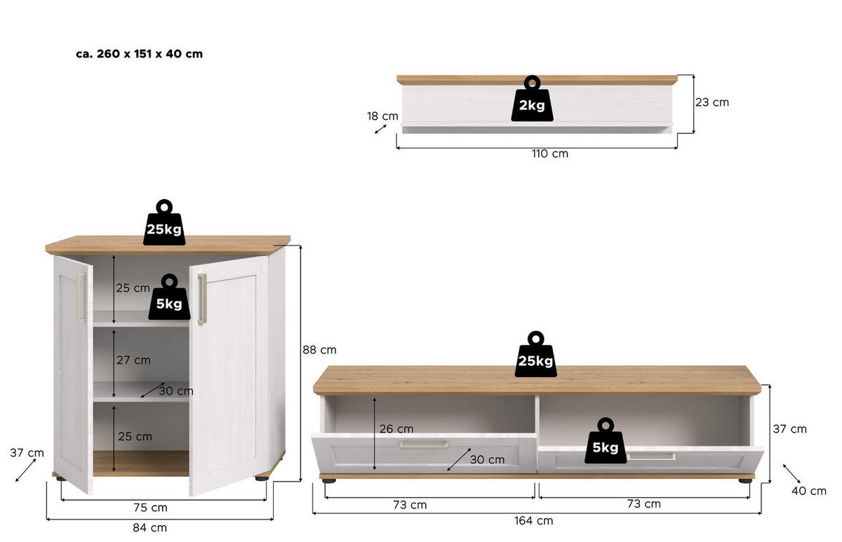 WOHNWAND 3-teilig weiß Lärche, Eiche Artisan 260 cm Landhaus, Schrankwand mit viel Stauraum - Silberfarben/Schwarz, Holzwerkstoff/Kunststoff (260/151/40cm) - Inn.Furn