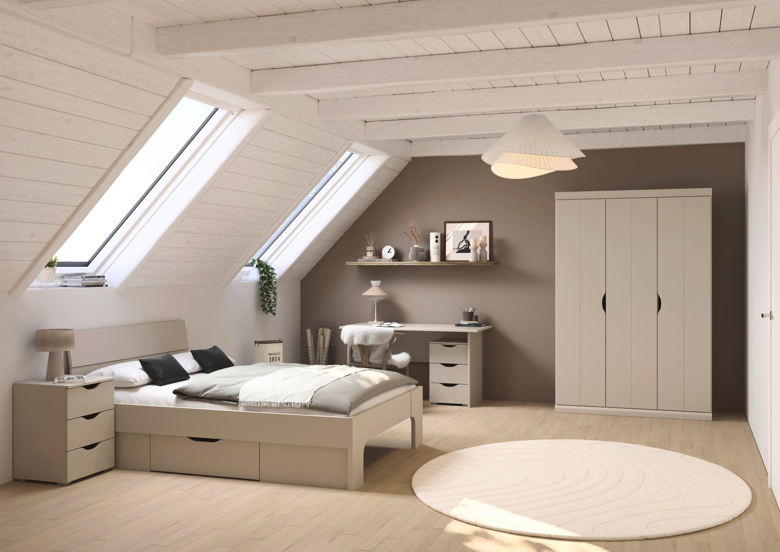 JUGENDZIMMER Frieda in Beige 5-teilig mit 3 türigem Kleiderschrank ohne Schubkästen, 140er Jugendbett, Nachttisch, Schreibtisch mit Container - Beige, Holzwerkstoff (80/200/120cm)