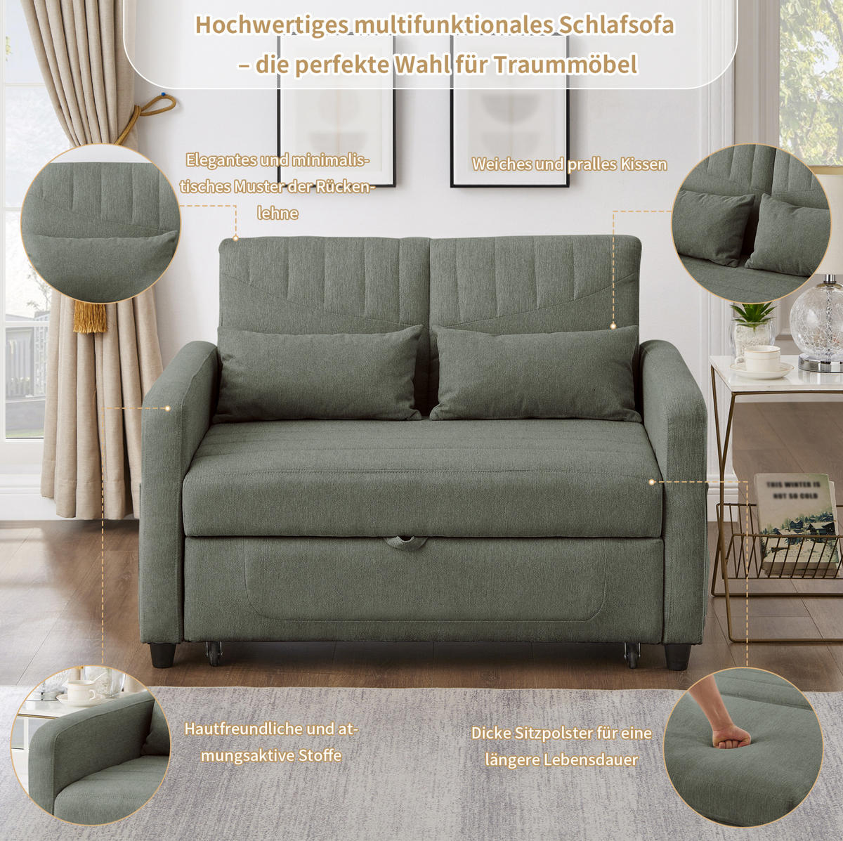 SOFABETT Baumwoll-Leinen mit ausziehbarer Schlaffunktion Olivgrün 114/77/82,5 cm - Olivgrün, Textil (77/82.5/114cm) - Redom