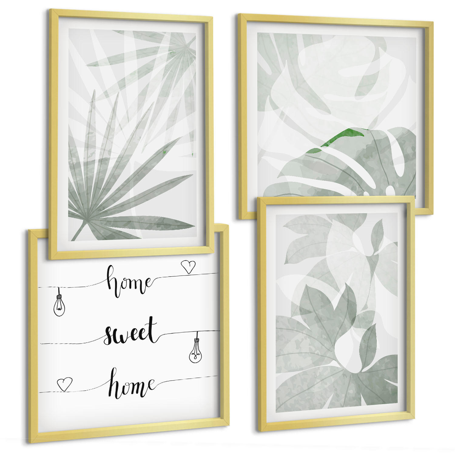 BILDER SET 4er Set - 50x50 cm & 40x60 cm Goldrahmen - Die Blätter der Pflanzen sind grünlich-grau. - Goldfarben, Kunststoff (50/50cm) - TULUP