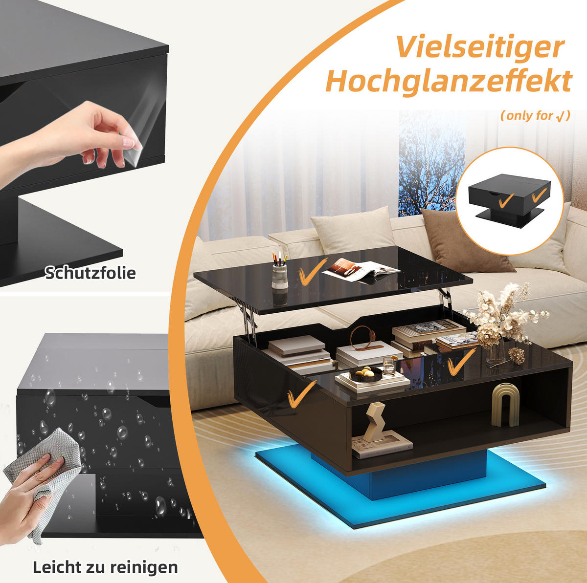 COUCHTISCH aus Spanplatte 80x75x40 cm Schwarz mit Hubfunktion, Stauraum und LED-Beleuchtung - Schwarz, Holzwerkstoff (75/80/40cm) - IVMEU