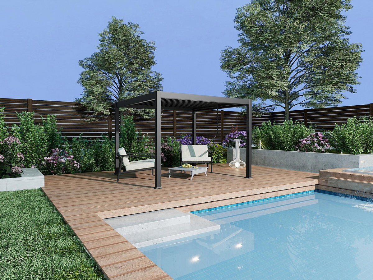 TERRASSENDACH bioklimatisch freistehend aus Aluminium mit verstellbaren Lamellen - 9 m² - Anthrazit - AMALFI - Anthrazit, Metall (300/220/300cm) - Vente-Unique