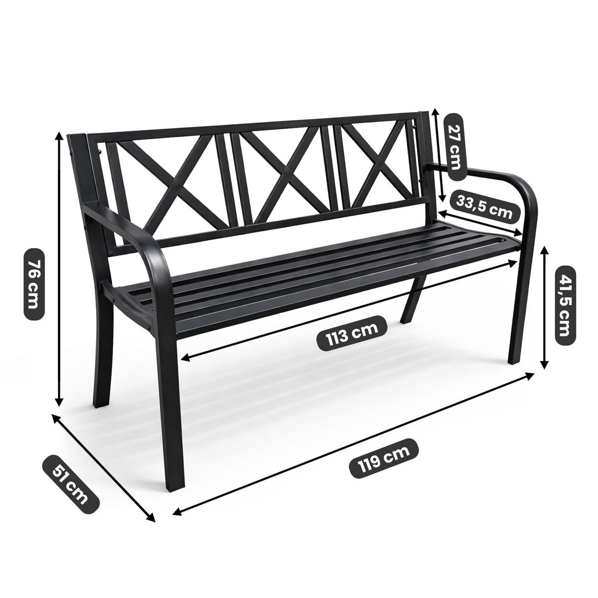 GARTENBANK CROSS Schwarz 119 x 76 x 51 cm - Schwarz, Metall (119/76/51cm) - Akord