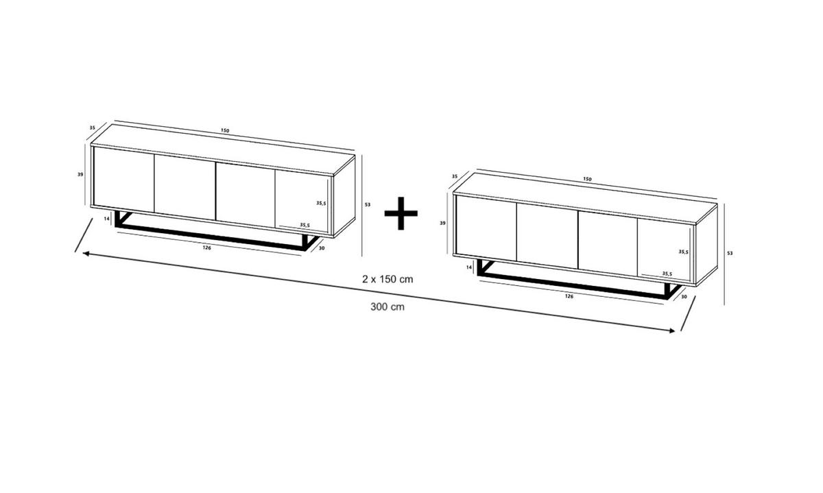 TV-SCHRANK 2-er Set Apollo2 Eiche wotan Graphit Matt 150 cm - Graphitfarben/Schwarz, Holzwerkstoff/Metall (300/53/35cm) - Meble Lindner