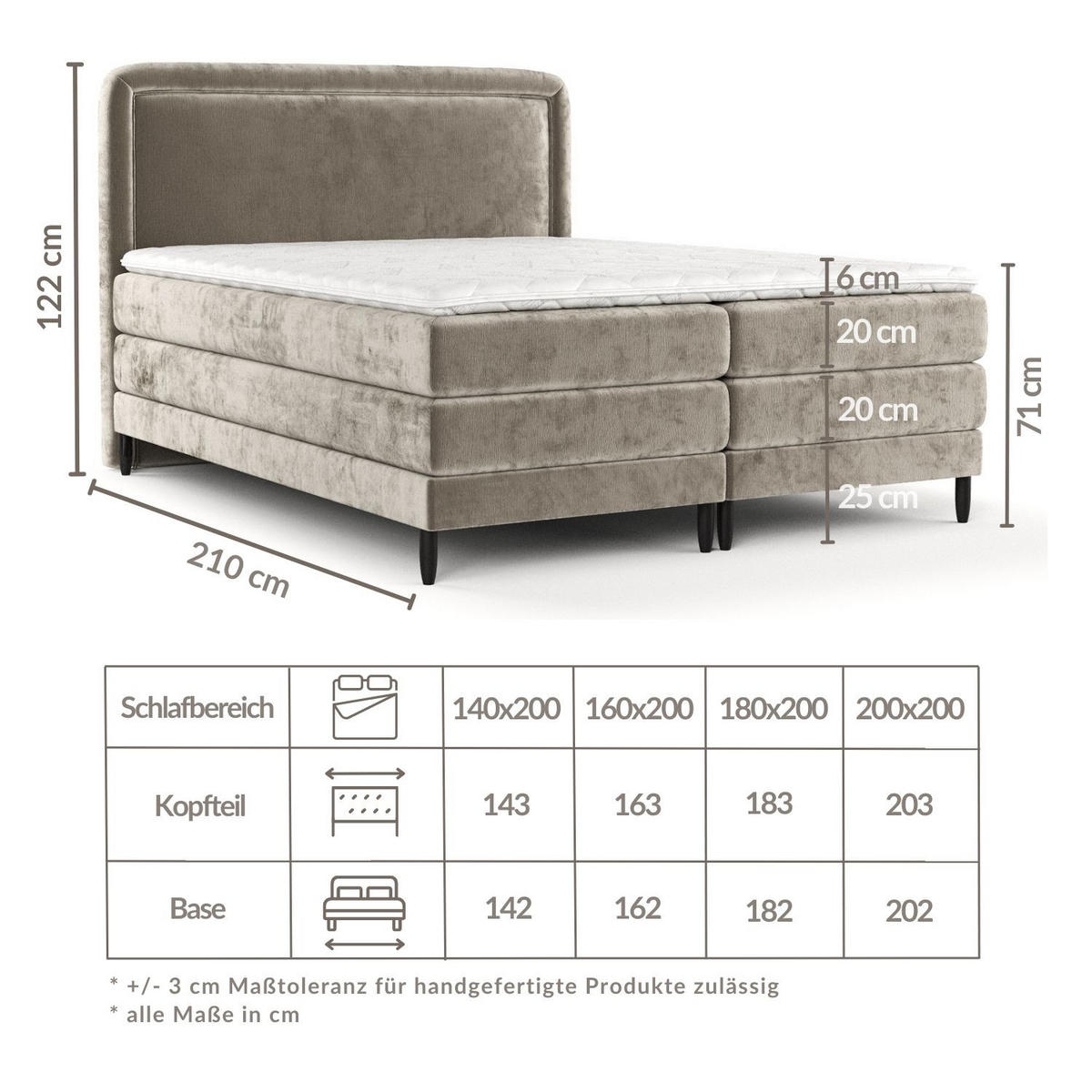 BOXSPRINGBETT Dove Beige 160/200 cm mit Matratzen und Topper - Beige/Schwarz, Holz/Holzwerkstoff (160/200cm) - Maison de Reve