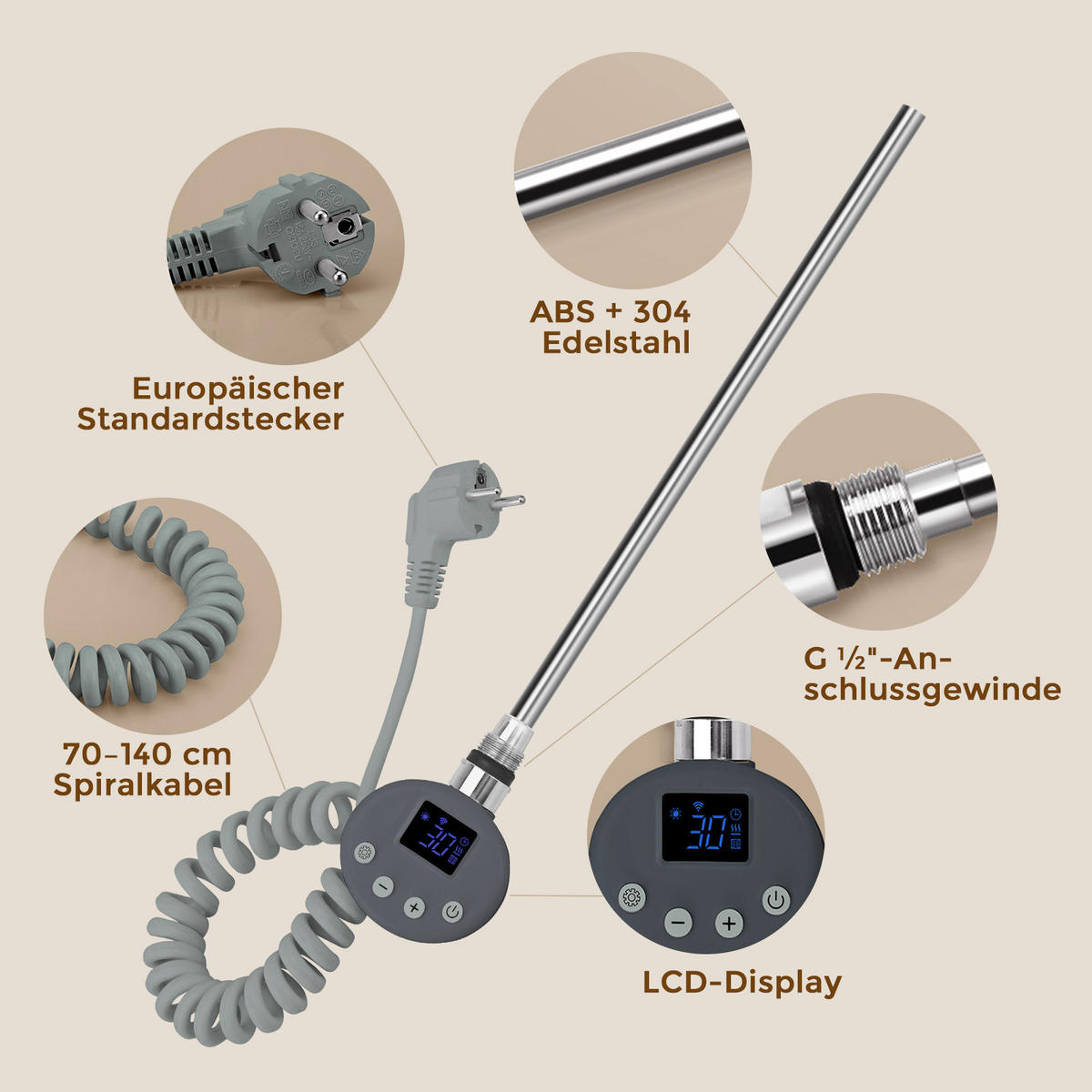 HEIZSTAB 600 W Anthrazit mit WLAN-Thermostat G1/2" für Handtuchheizkörper und Badheizkörper - Anthrazit, Metall (6.9/62/6.2cm) - S'AFIELINA