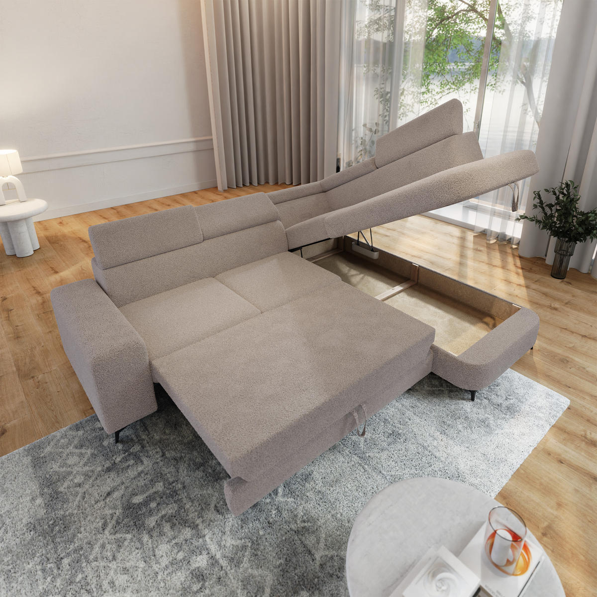 ECKSOFA ALVORO R-S Beige Boucle-Stoff mit Schlaffunktion - Beige, Holz (253/190cm) - MASSENO