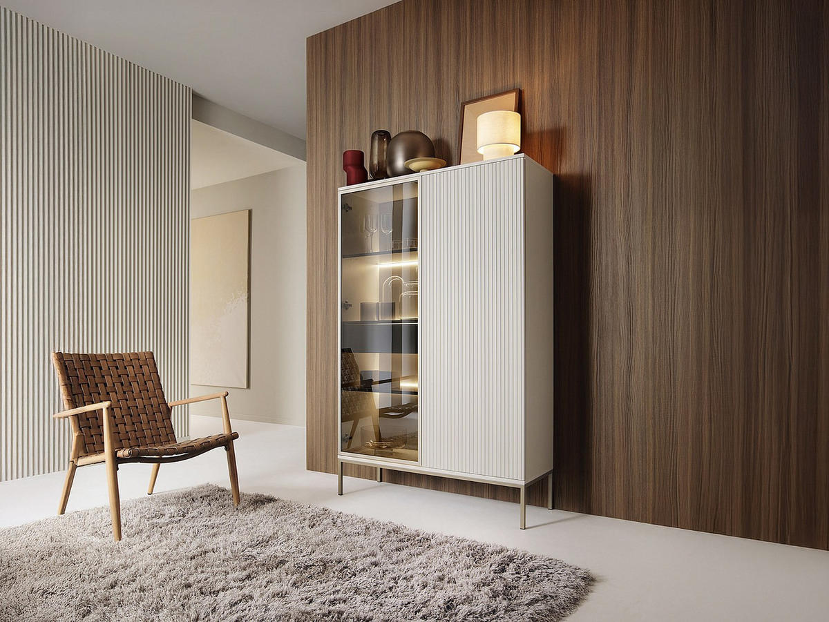 VITRINENSCHRANK - 2 Türen & 1 Schublade - mit LED-Beleuchtung - MDF & Rauchglas - Beige & Schwarz - OVILA - Beige, Glas (103.5/165.5/39cm) - Vente-Unique