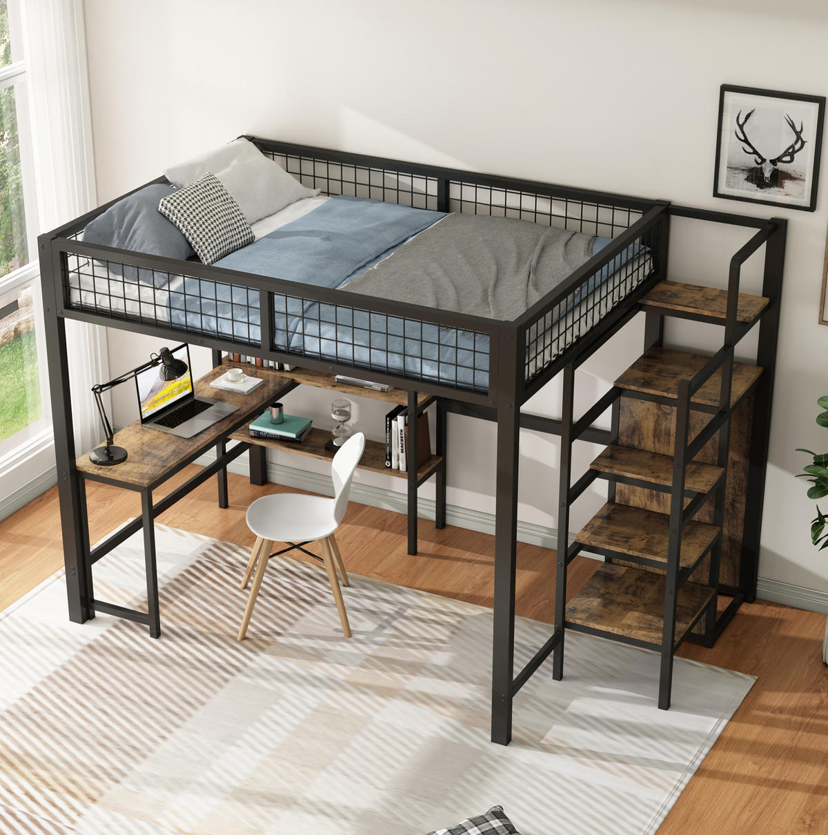 HOCHBETT 140/200 cm aus Metall und MDF mit Schreibtisch, Regalen und Kleiderschrank Schwarz/Braun - Schwarz, Metall (140/200cm) - Modenvie