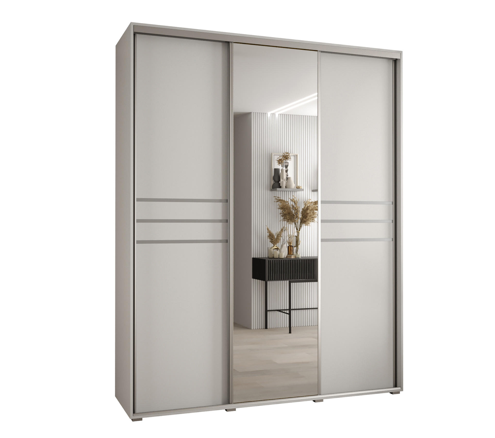 Abiks Möbel Schwebetürenschrank Weiß, Weiß, Silber 200x235x60 cm