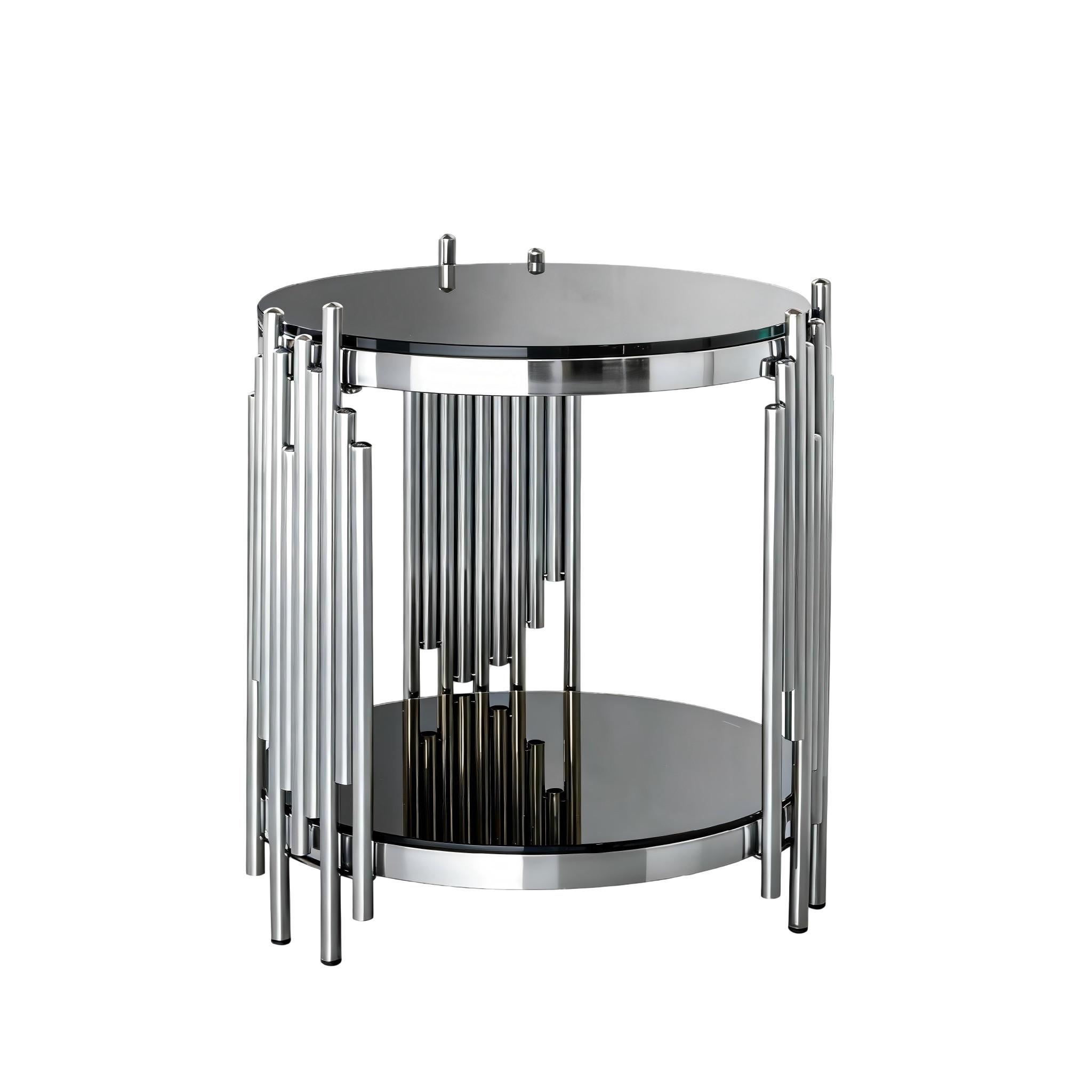 BEISTELLTISCH DE-37304 rund mit zweistufigem Glas und Edelstahlrahmen Silber - Silberfarben, Metall (45/45/55cm) - ComfortXL