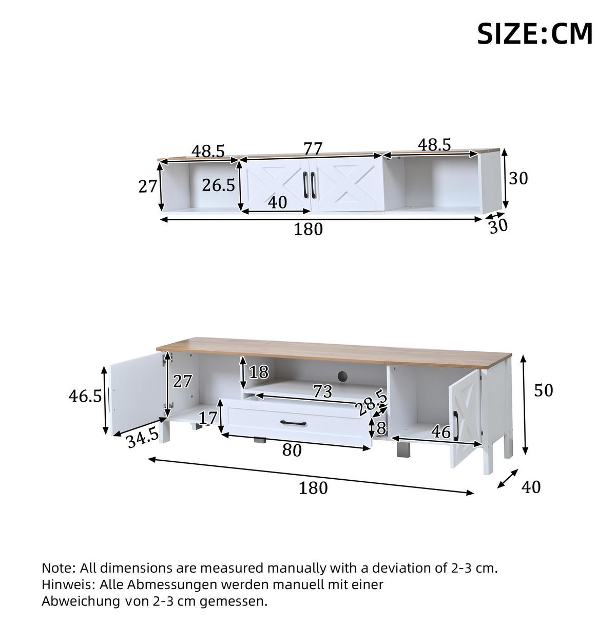 TV set za dnevni boravak 180/40/50 cm bijeli od MDF-a s visećom vitrinom i 4 ormarića - bijela, drvni materijal (180/50/40cm) - OKWISH
