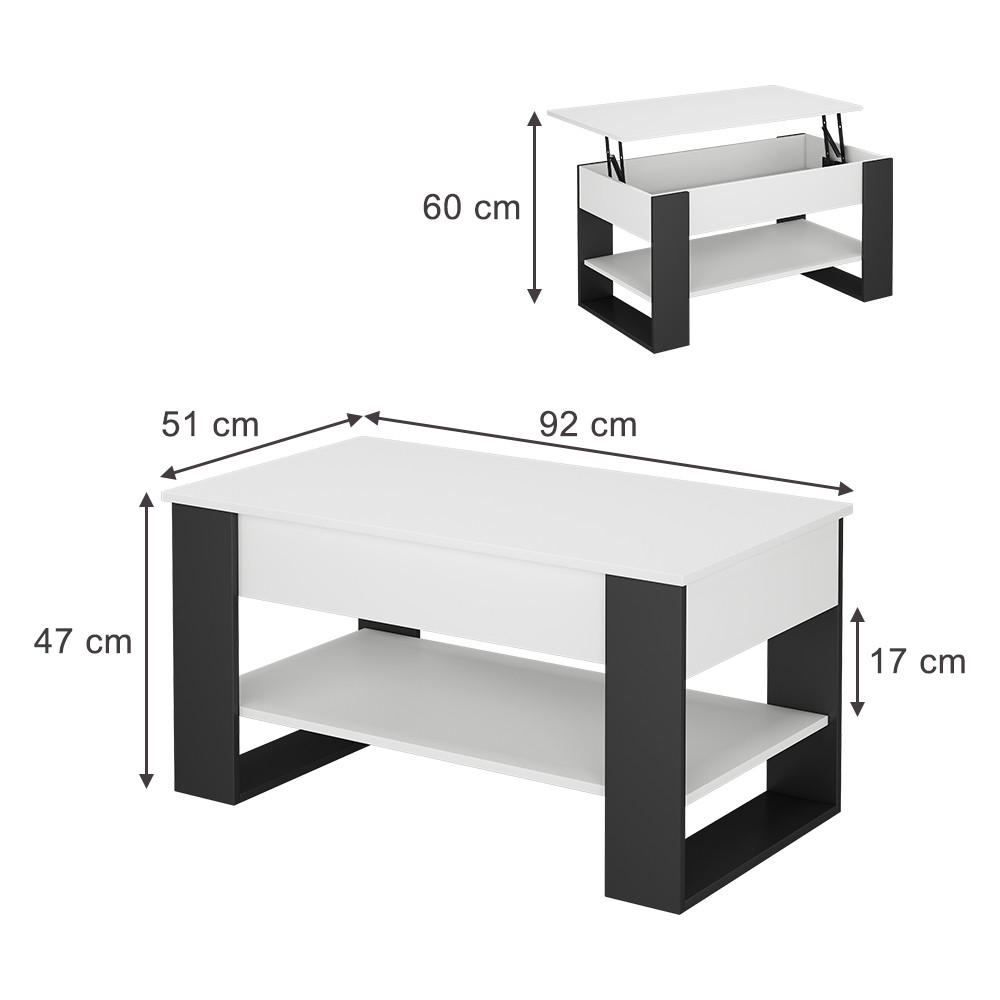 COUCHTISCH Lifto Weiß/Anthrazit 92 x 51 cm mit Liftfunktion - Anthrazit/Weiß, Holzwerkstoff (51/92/47cm) - Vicco