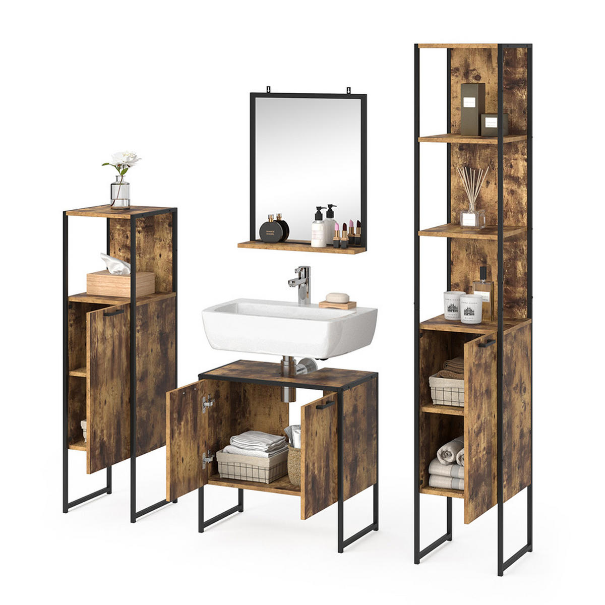 BADMÖBEL-SET Fyrk Antikholz 4 Teile, mit Hochschrank - Alteiche/Schwarz, Holzwerkstoff (60/60/33cm) - Vicco