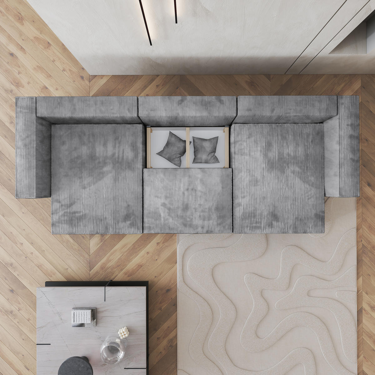 WOHNLANDSCHAFT SARMO P Lila Kordstoff mit Schlaffunktion - Lila, Holz (347/70/148cm) - MASSENO
