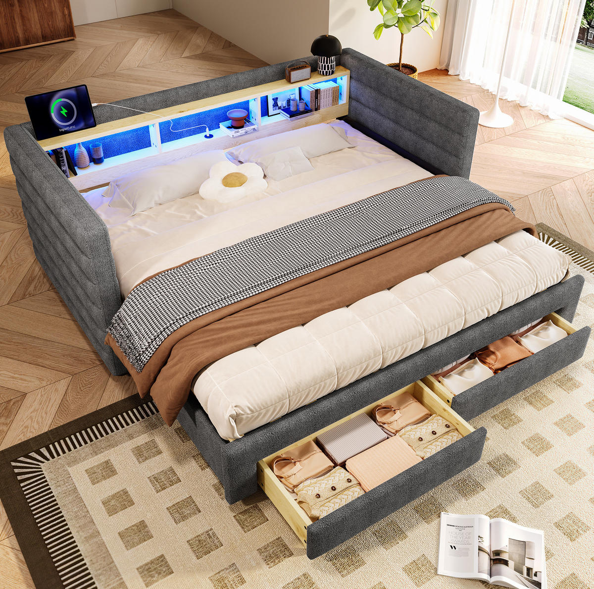 SAMT-POLSTERBETT 90/190 cm mit LED-Beleuchtung und Stauraum in Grau - Grau, Textil (90/190cm) - BEAOK