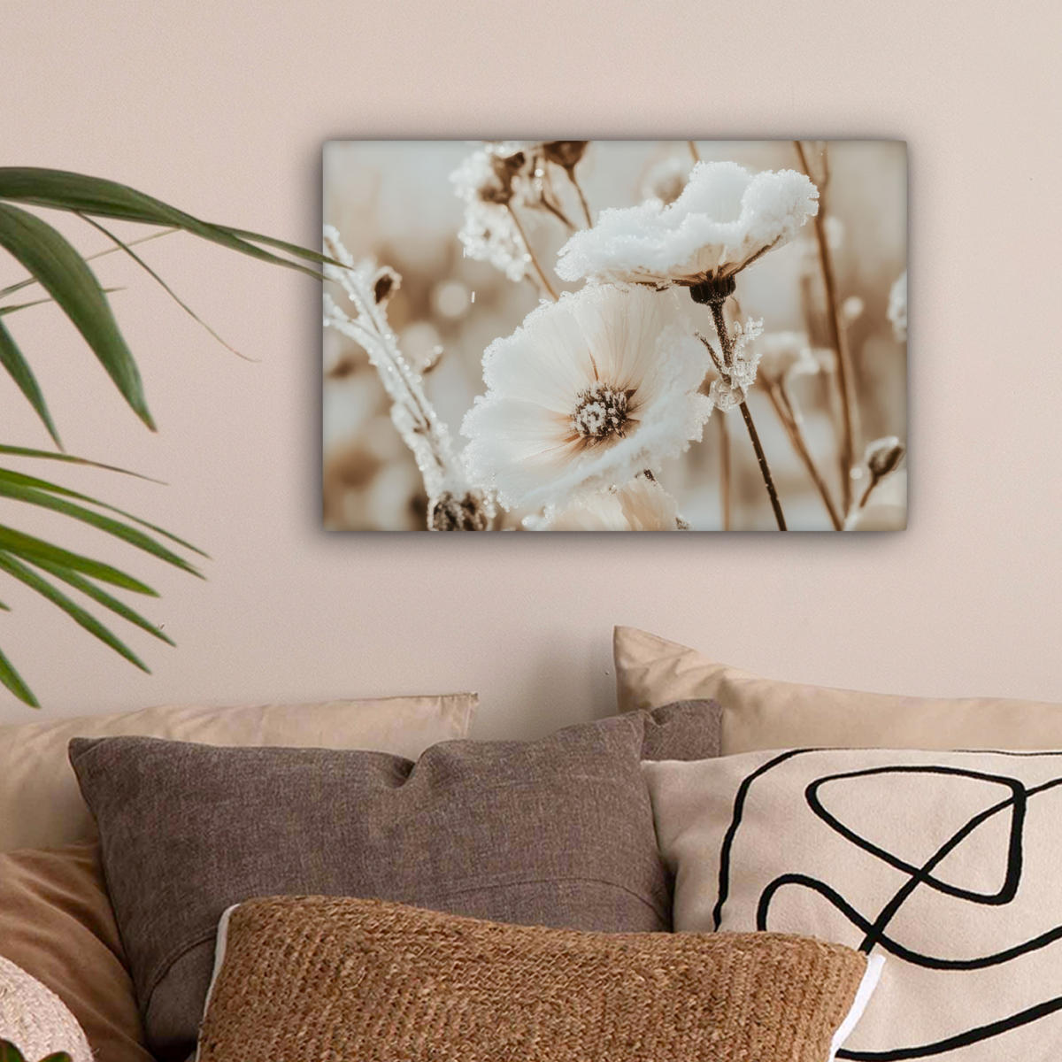 LEINWANDBILD Blumen - Winter - Weiß - Schnee - Beige Deko Schlafzimmer 30x20 cm - Creme, Textil (30/20cm) - MuchoWow