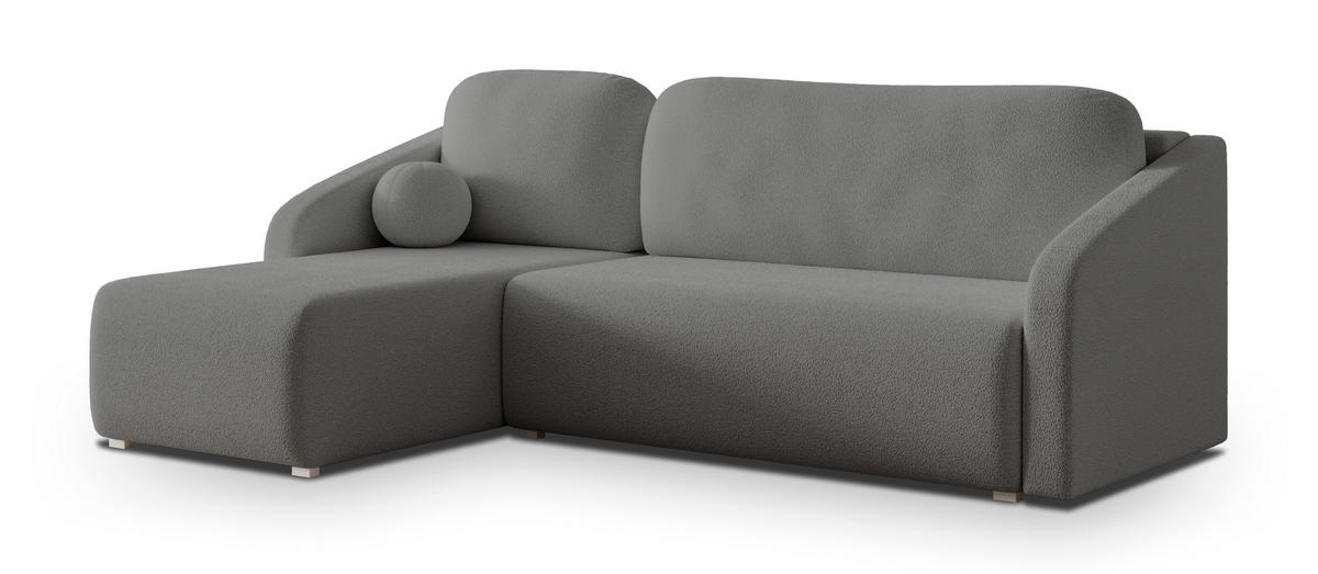 ECKSOFA MARELLO Grau Boucle-Stoff mit Schlaffunktion - Grau, Holz (220/143cm) - MASSENO